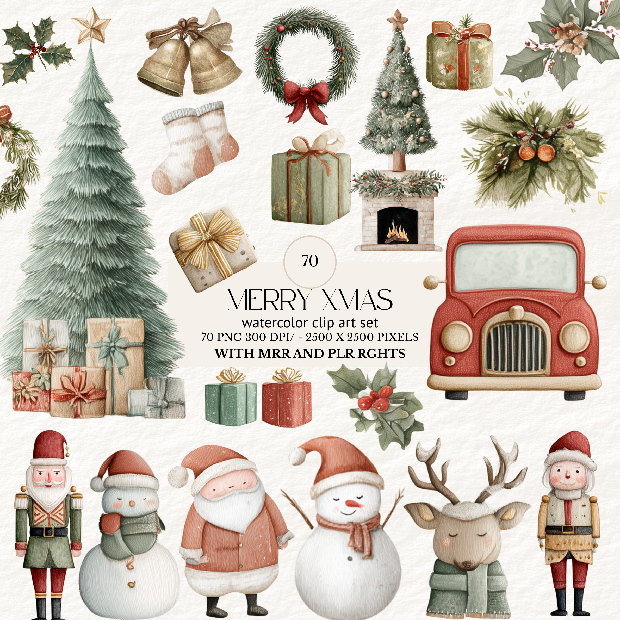 Watercolor Christmas clipart set featuring 70 festive PNG illustrations, including Christmas trees, gifts, wreaths, stockings, holly, bells, fireplace, red vintage car, Santa characters, snowmen, nutcrackers, reindeer, and holiday foliage. Soft vintage watercolor style, 300 DPI, 2500×2500 px, digital download with MRR and PLR rights included.