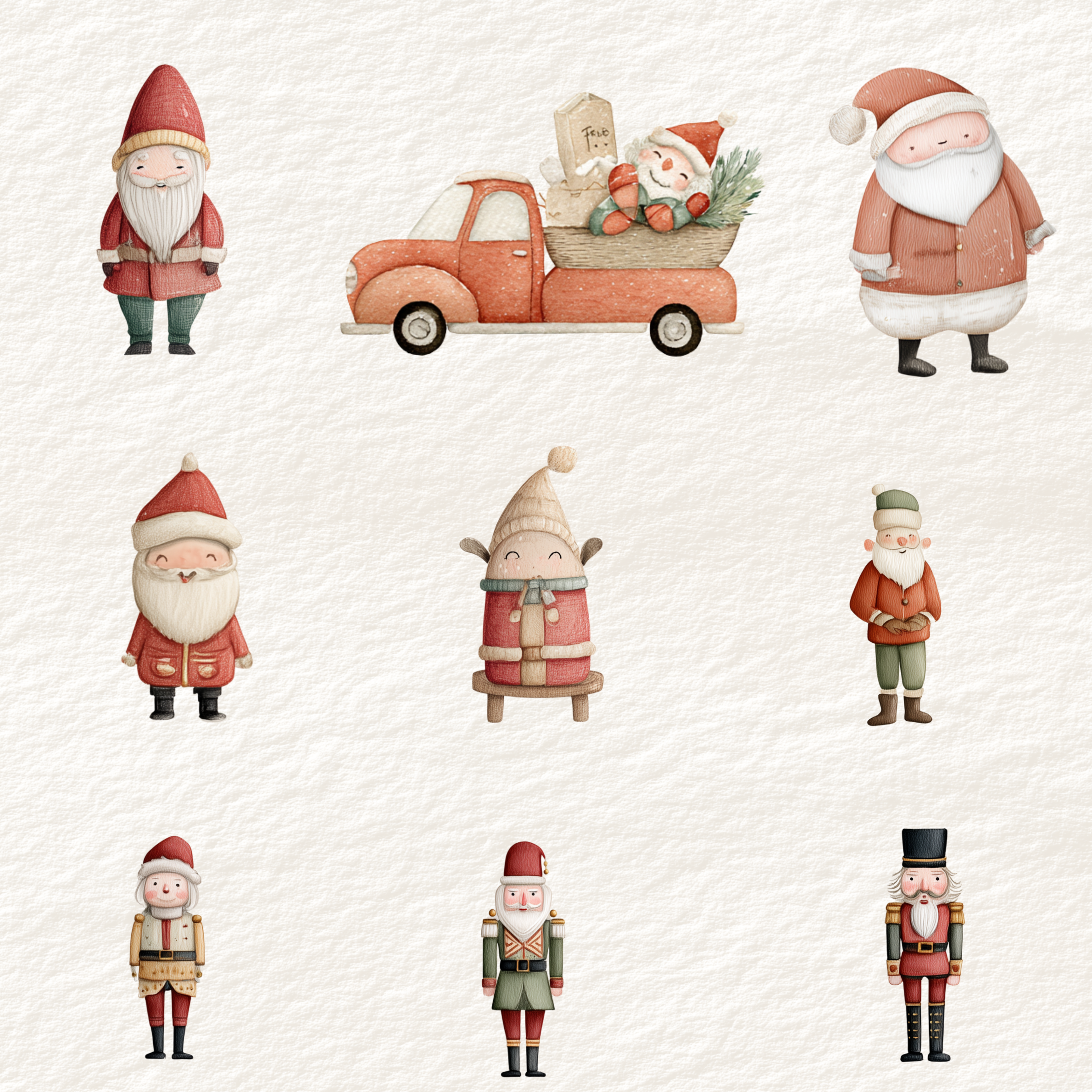 Watercolor Christmas character clipart set featuring cute Santa's, elves, gnomes, a festive red pickup truck with gifts, and vintage nutcracker figures. Soft pastel colors, hand-painted textures, and a cozy Scandinavian holiday style on a subtle paper background.