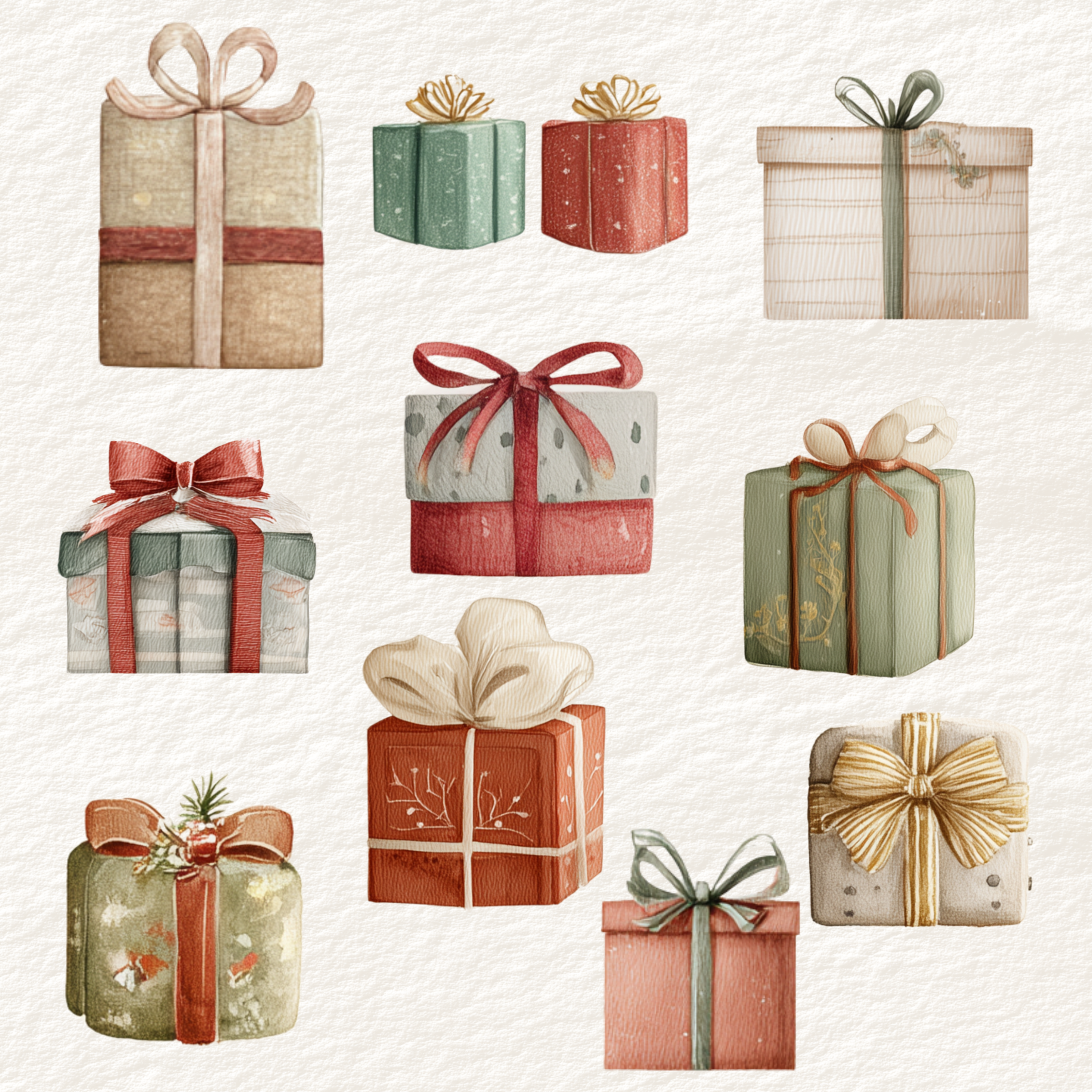 Watercolor Christmas gift clipart set featuring hand-painted wrapped presents in warm vintage colors. Includes red, green, beige, and pastel gift boxes with ribbons, bows, patterns, and holiday accents, arranged on a textured paper background.